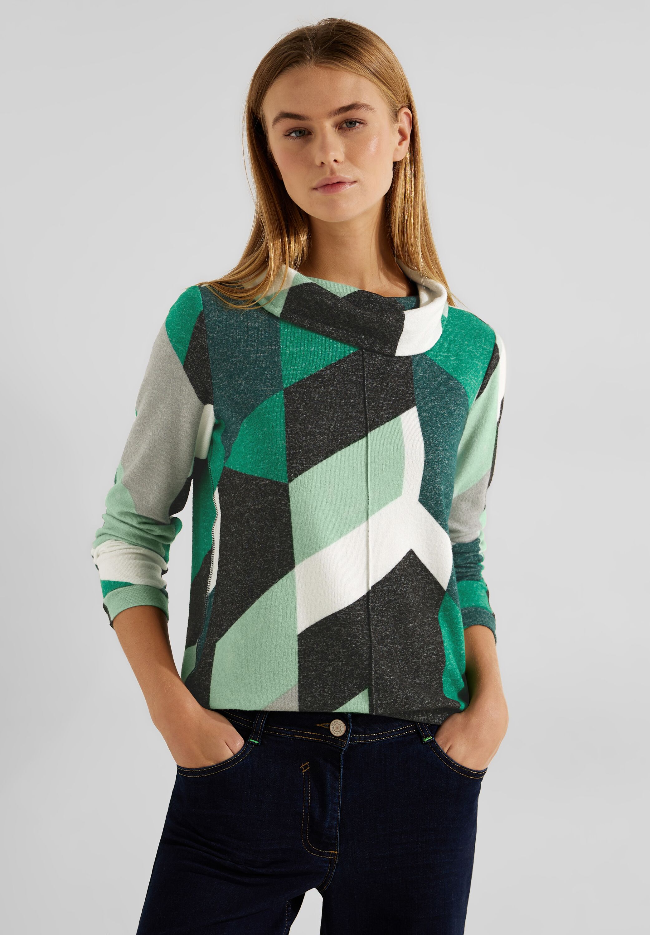 Cecil Cosy Shirt mit Print | cosy easy green melange | XL